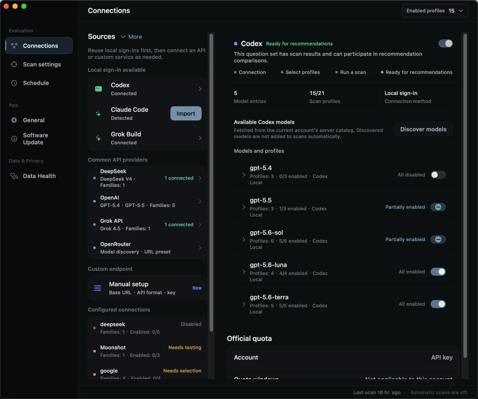 ModelDial Connections page with local sign-ins, provider APIs, a custom endpoint, and model effort profiles
